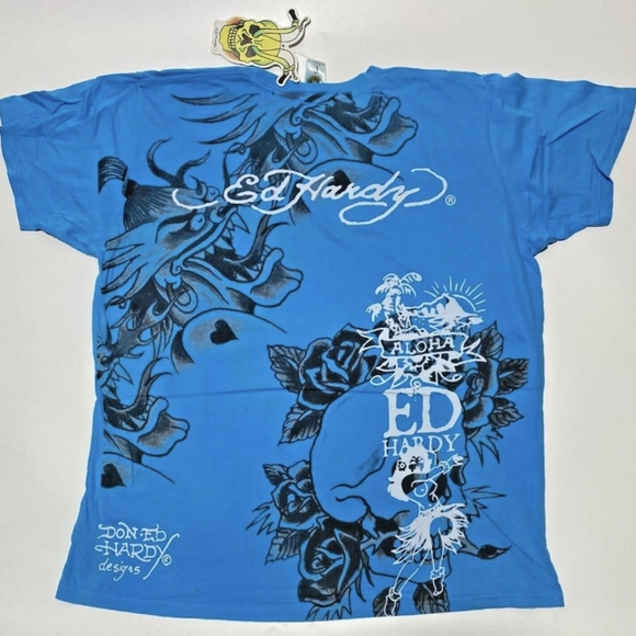 Authentic New Vintage Men's Ed Hardy T-shirt Sex/Sin turquoise M Classic America - Picture 3 of 3